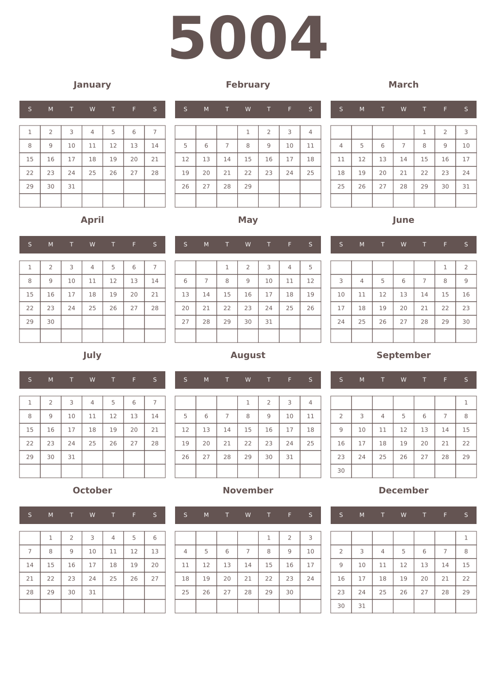 Printable 5004 Year Calendars wenge
