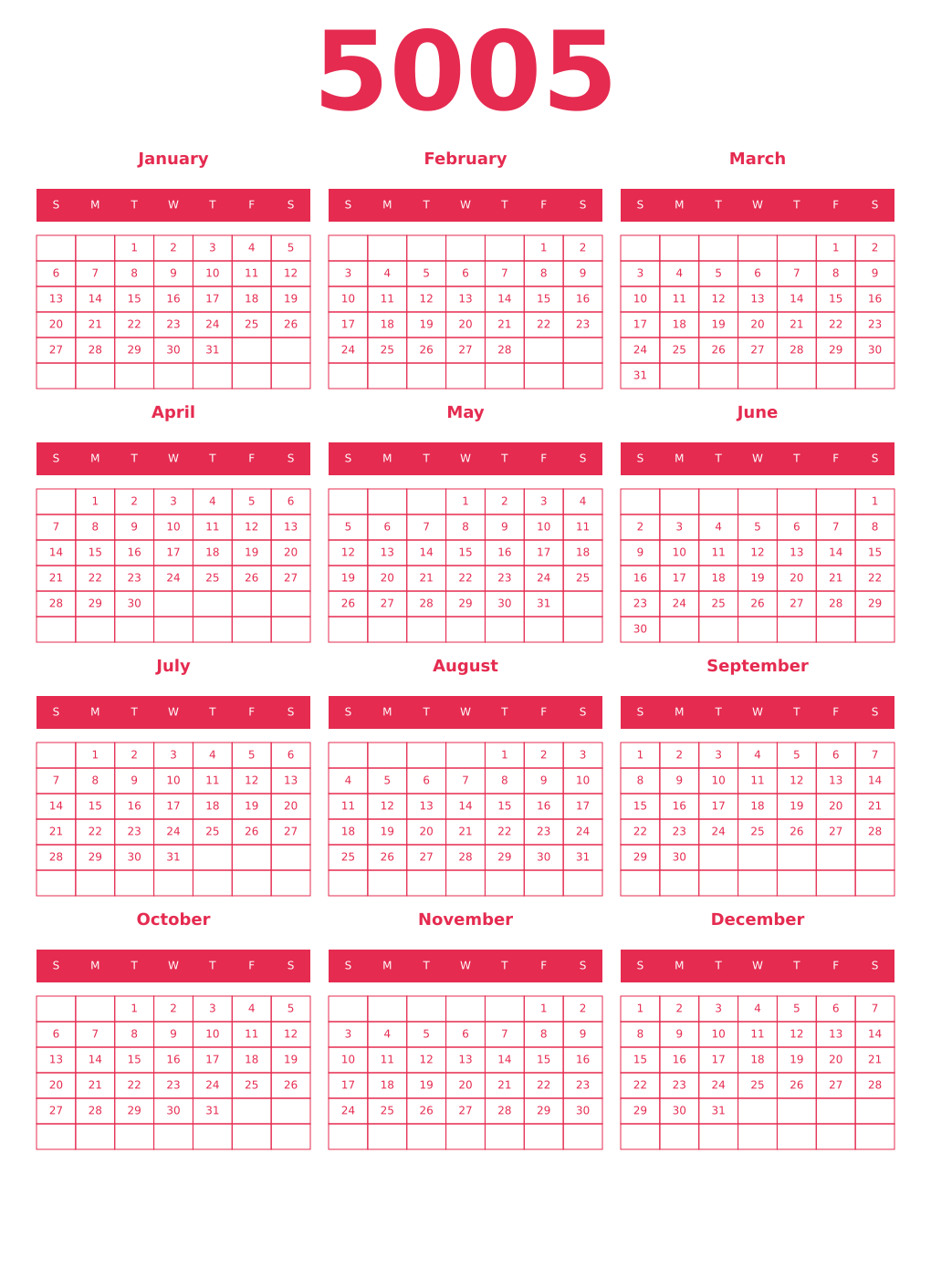 Printable 5005 Year Calendars amaranth