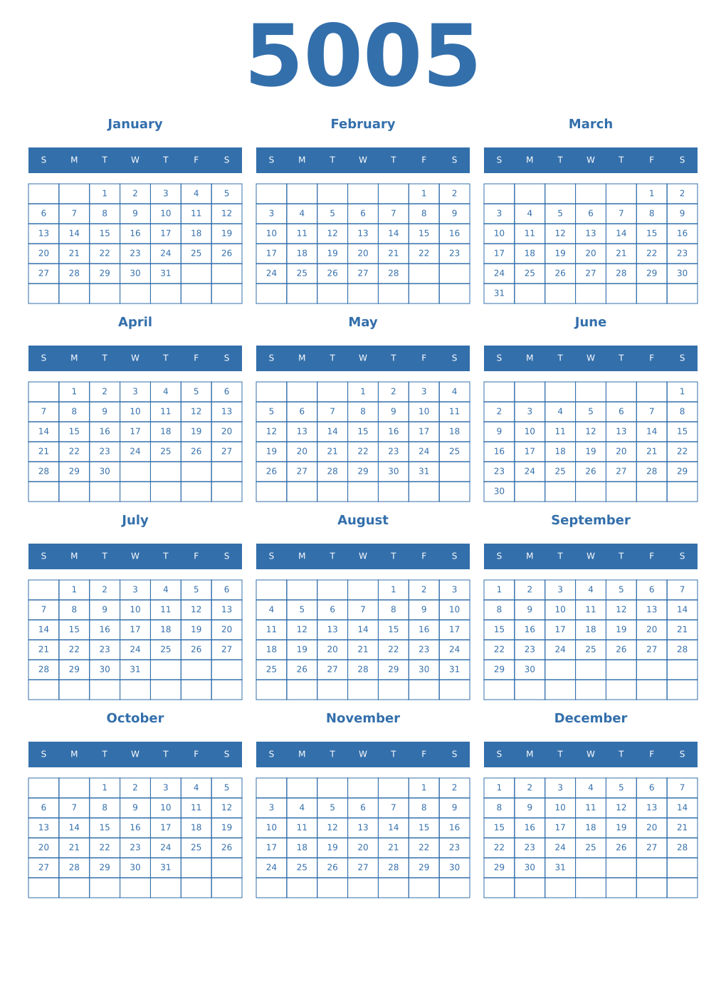 Printable 5005 Year Calendars blue