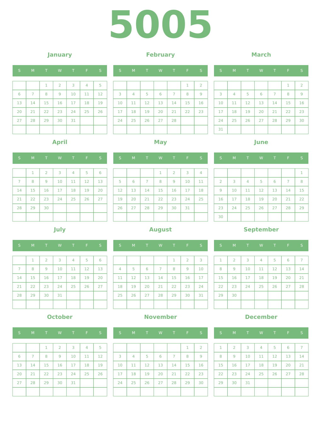 Printable 5005 Year Calendars celadon