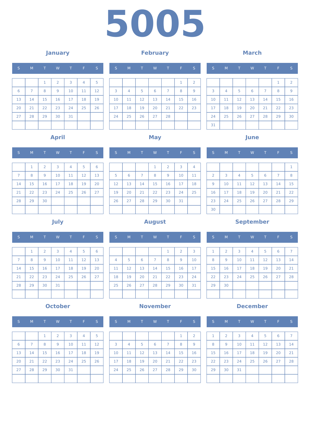 Printable 5005 Year Calendars glaucous