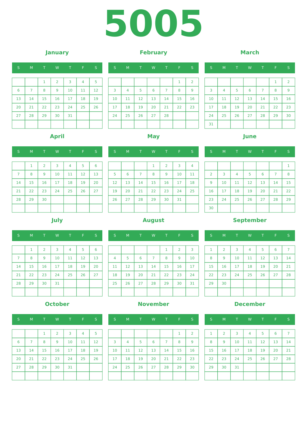 Printable 5005 Year Calendars green