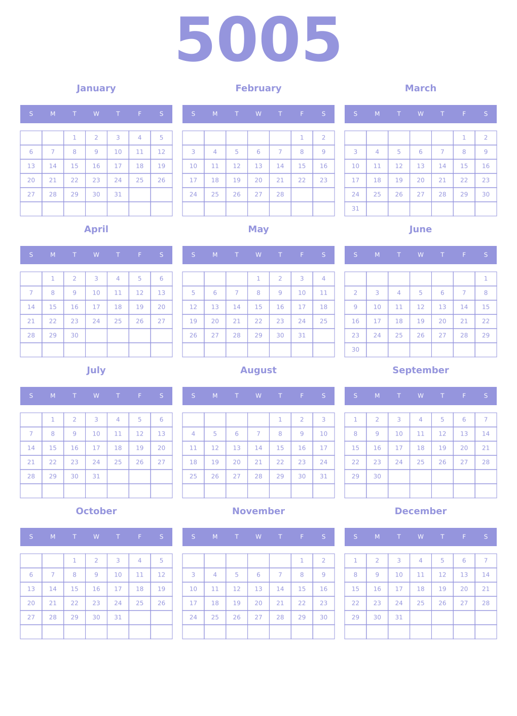 Printable 5005 Year Calendars periwinkle