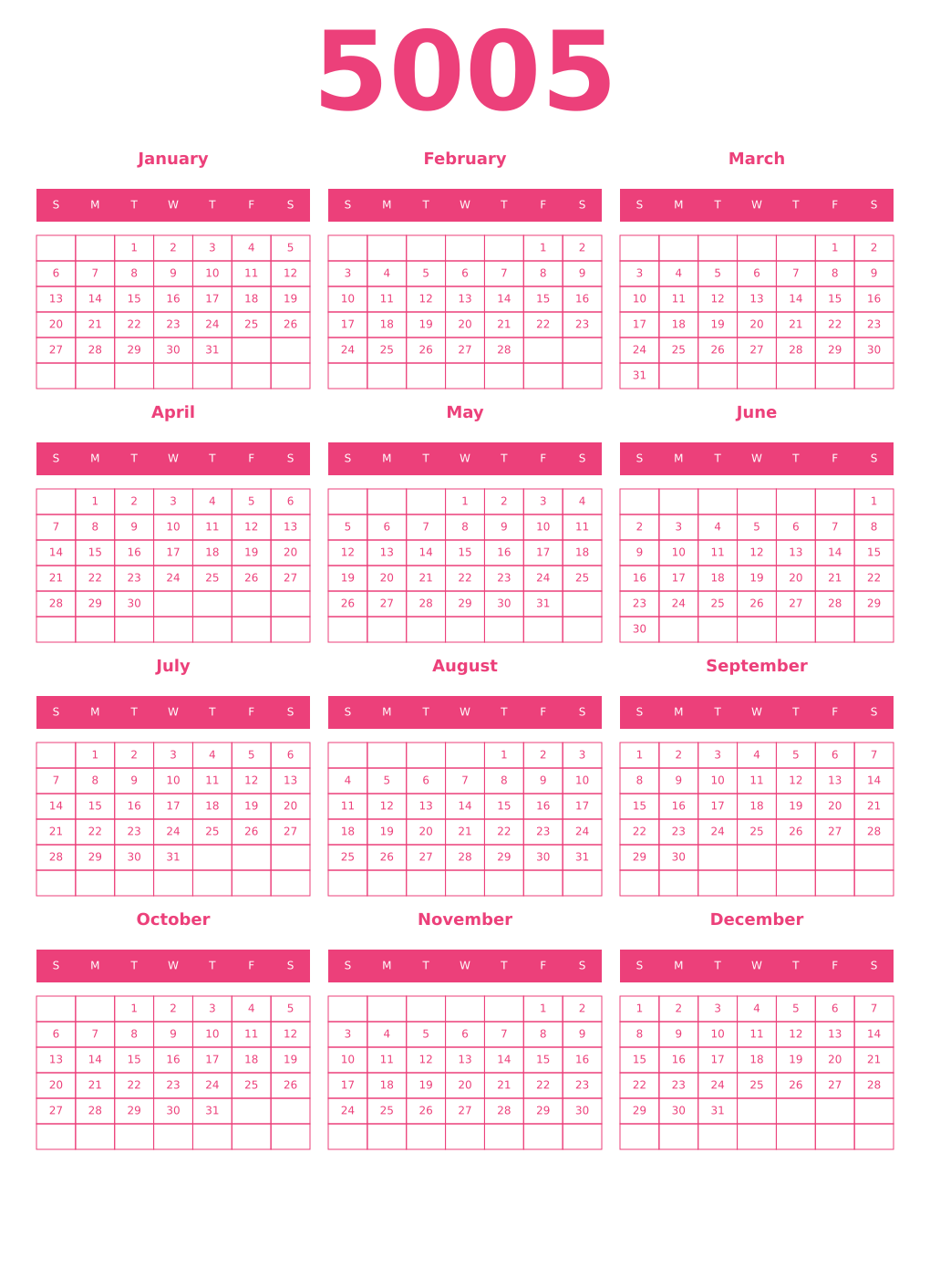 Printable 5005 Year Calendars pink