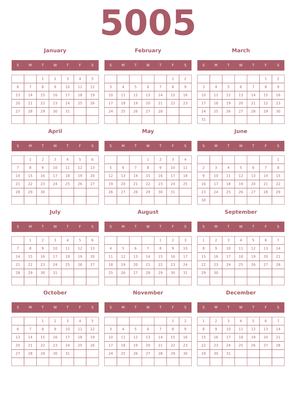 Printable 5005 Year Calendars puce