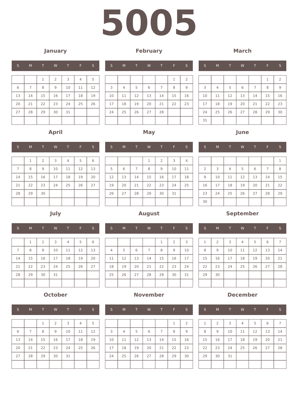 Printable 5005 Year Calendars wenge