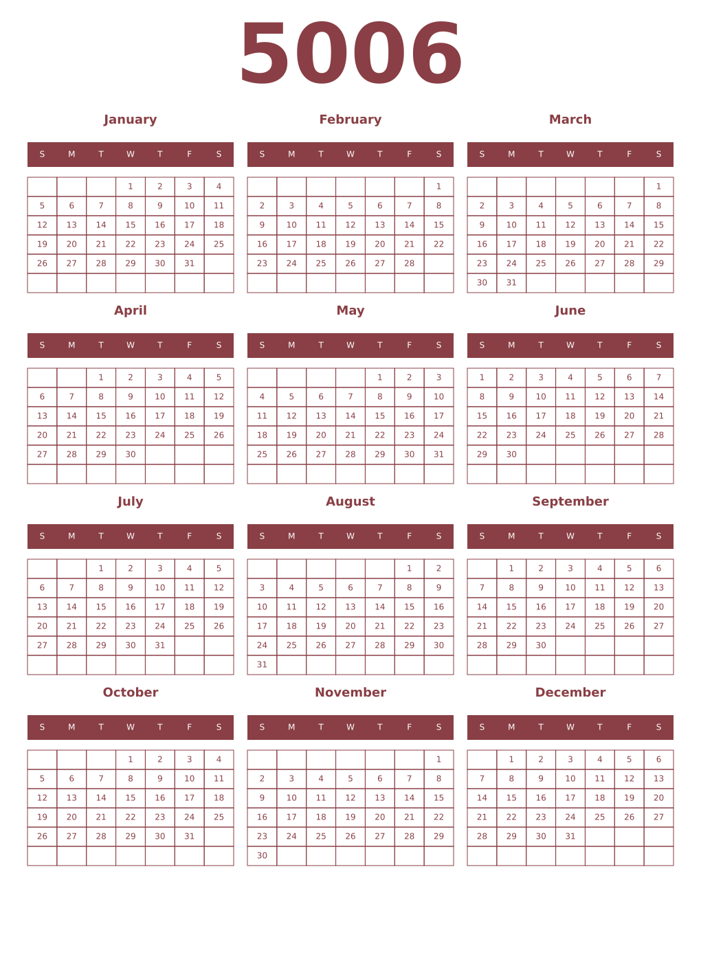 Printable 5006 Year Calendars cordovan