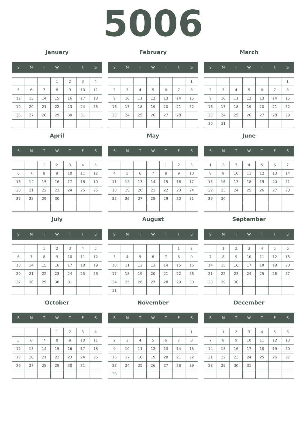 Printable 5006 Year Calendars feldgrau