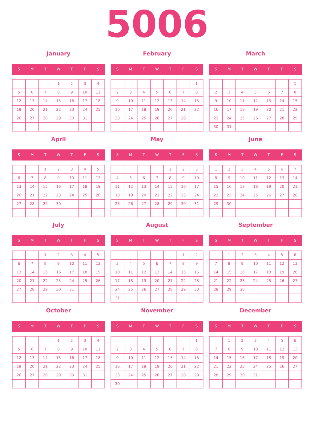 Printable 5006 Year Calendars pink