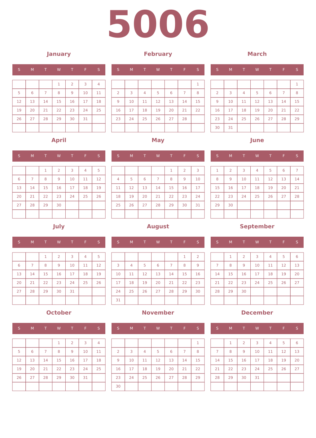 Printable 5006 Year Calendars puce