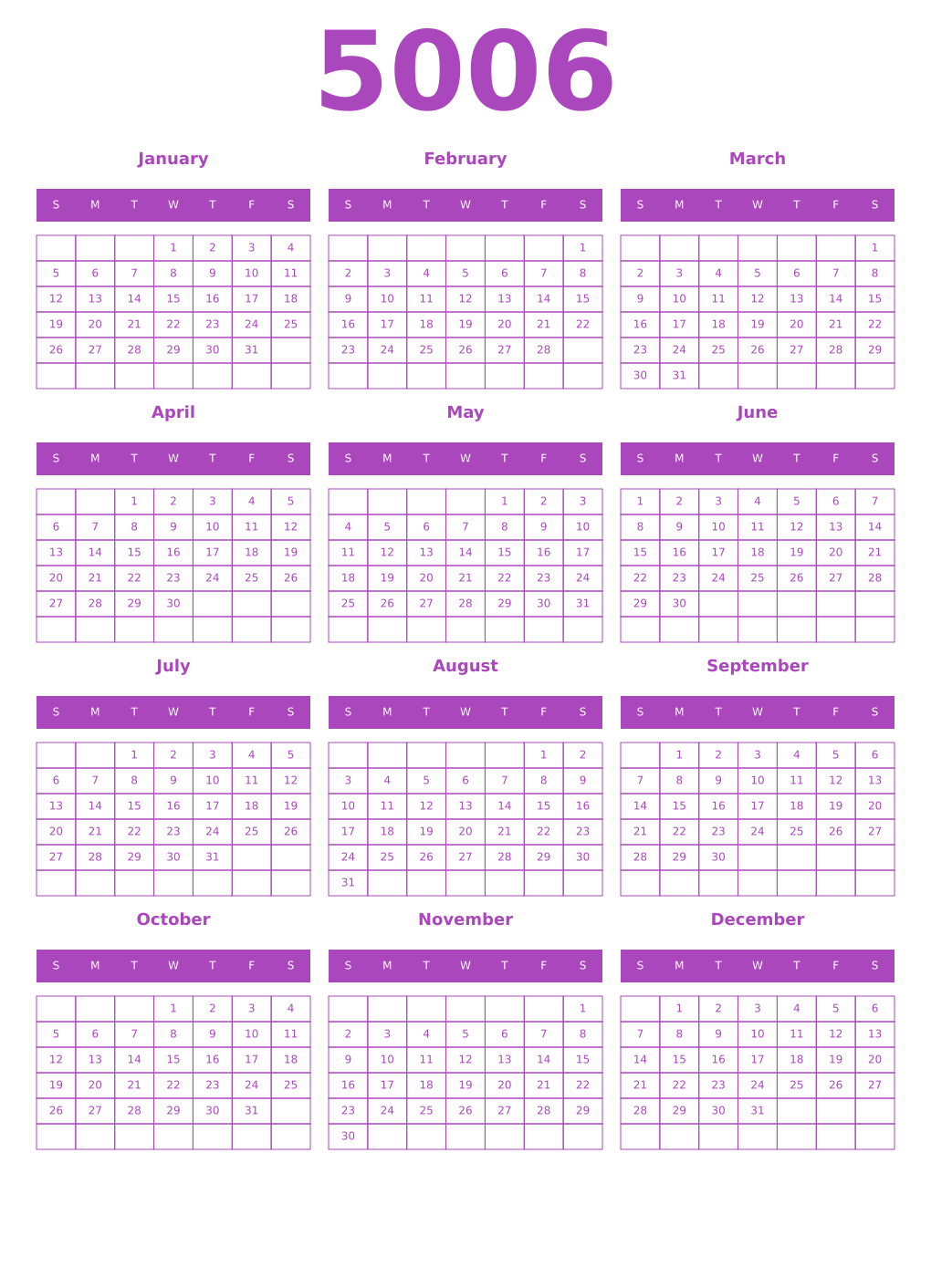 Printable 5006 Year Calendars purple