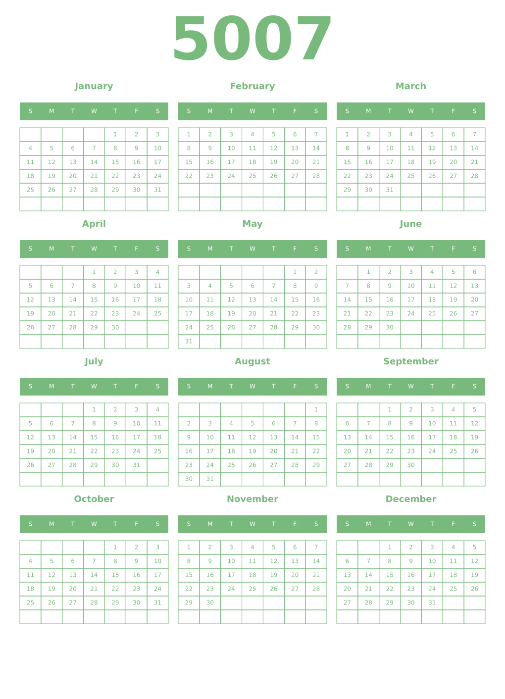 Printable 5007 Year Calendars celadon