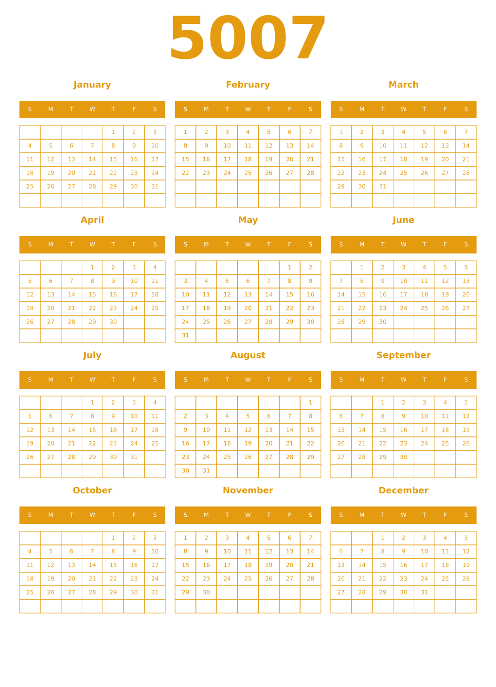 Printable 5007 Year Calendars gamboge