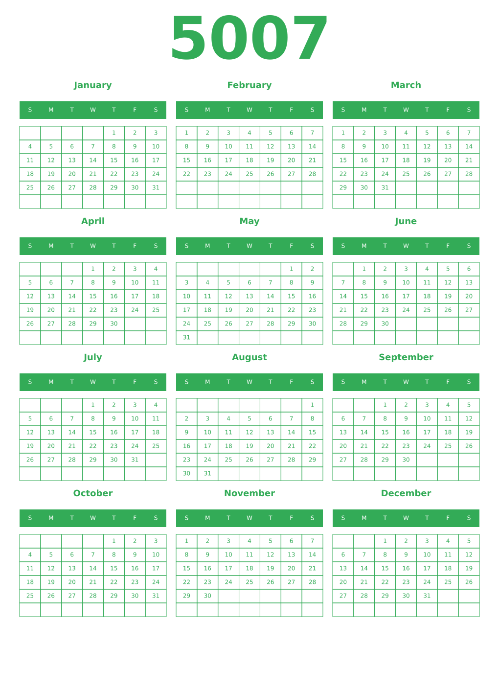 Printable 5007 Year Calendars green