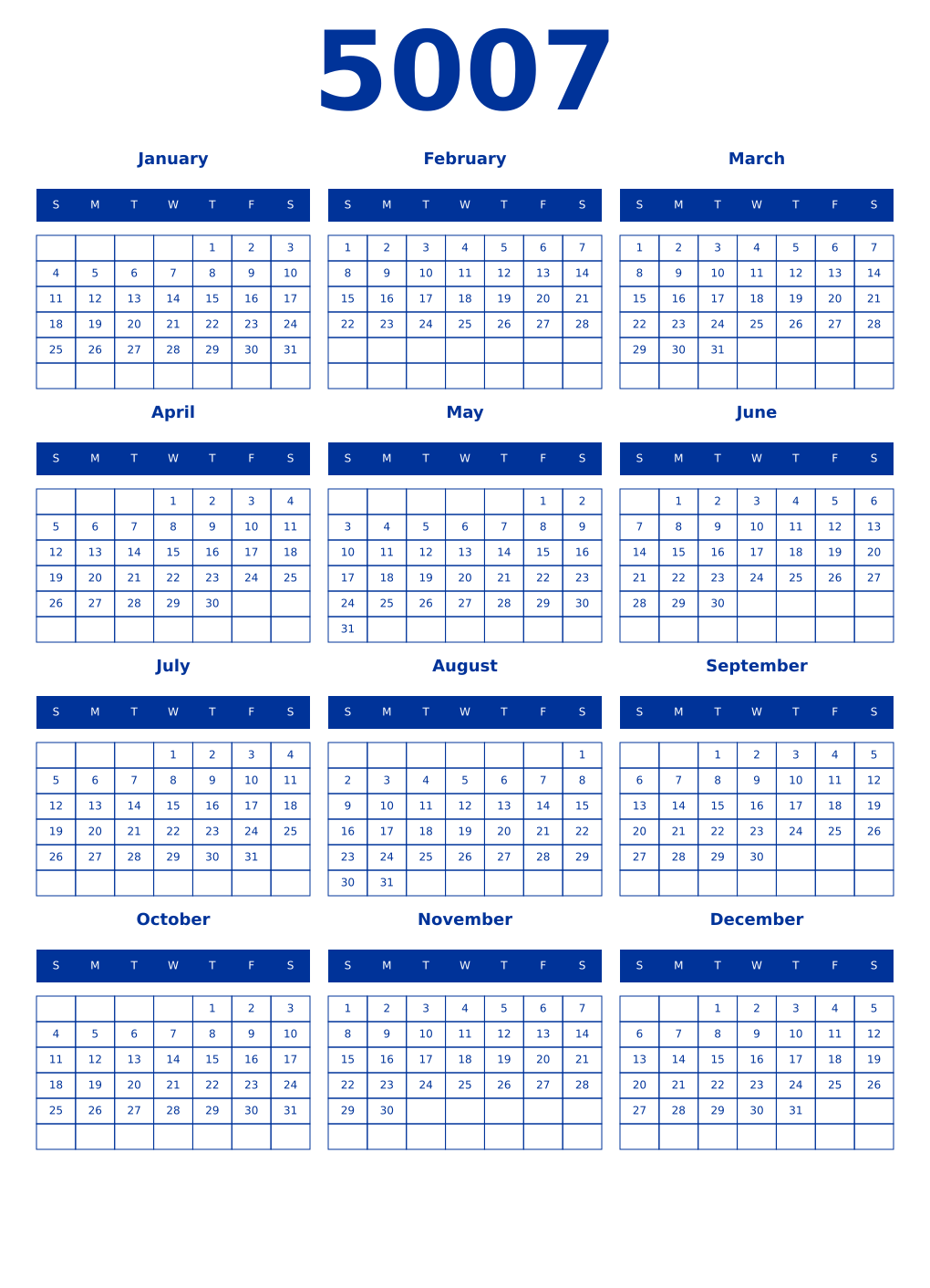 Printable 5007 Year Calendars smalt