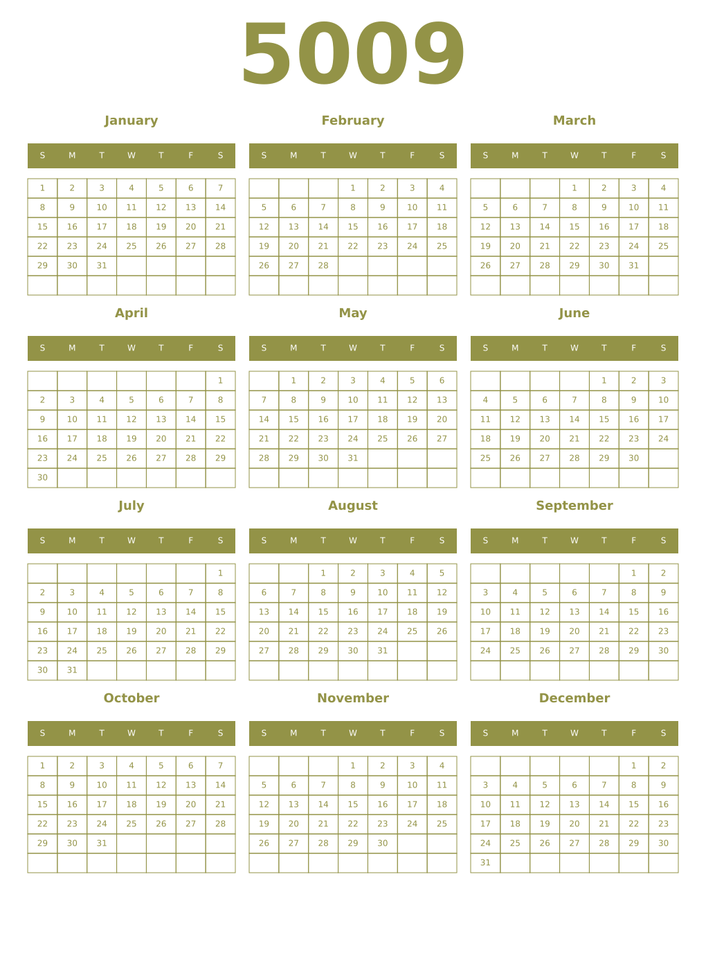Printable 5009 Year Calendars eburnean