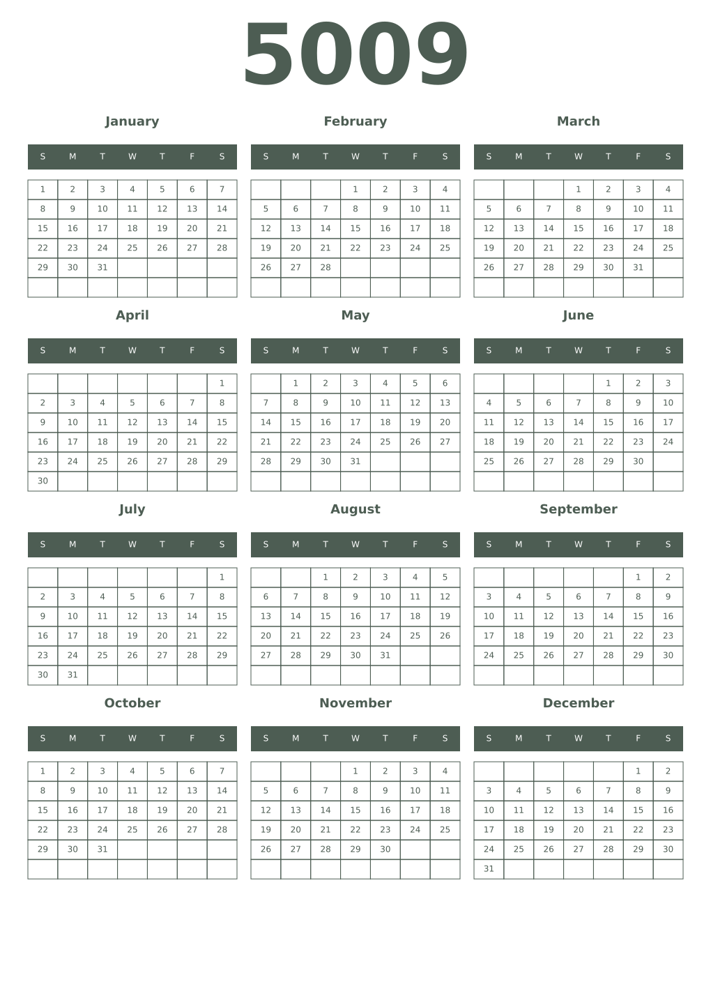 Printable 5009 Year Calendars feldgrau