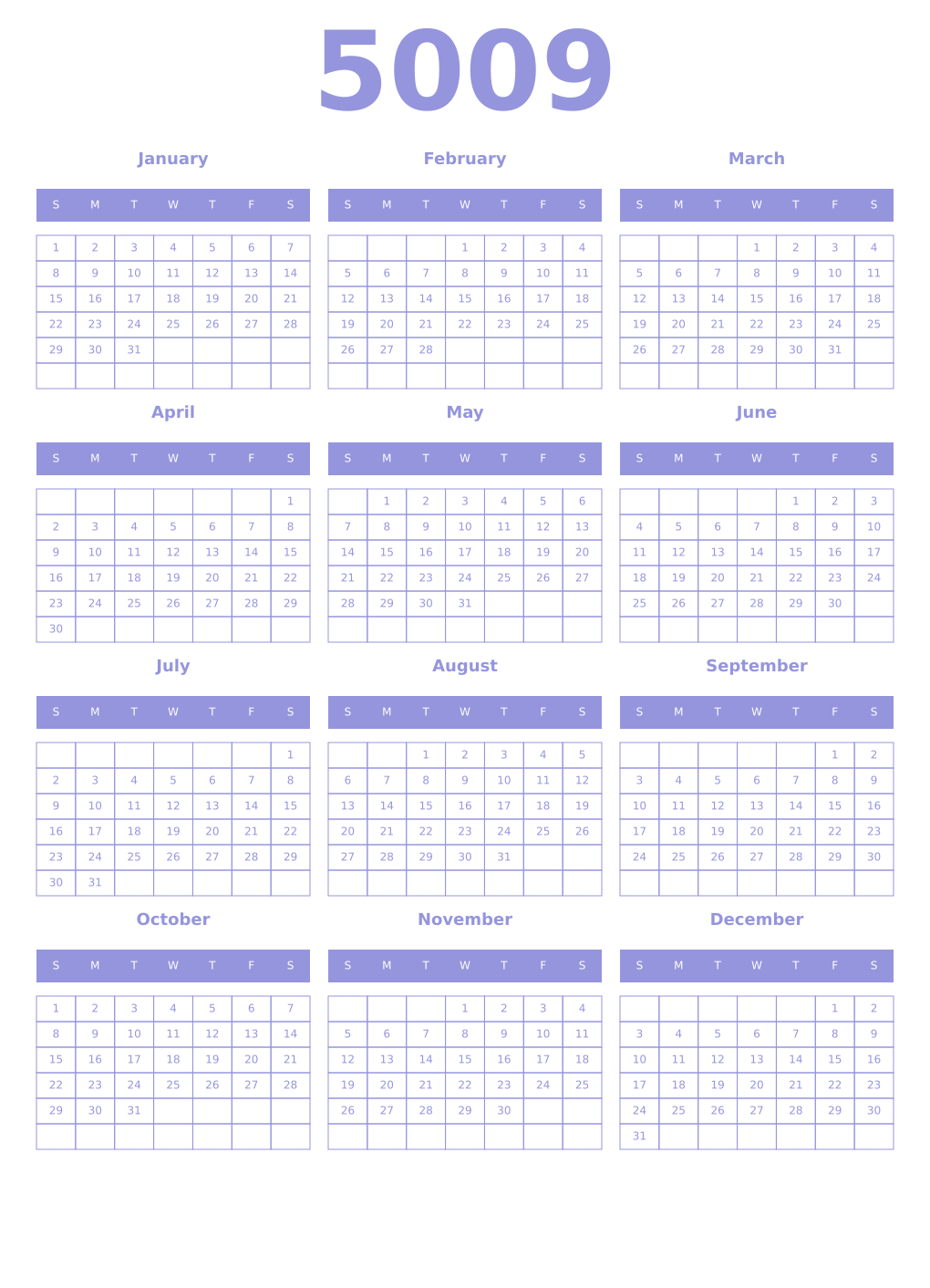 Printable 5009 Year Calendars periwinkle