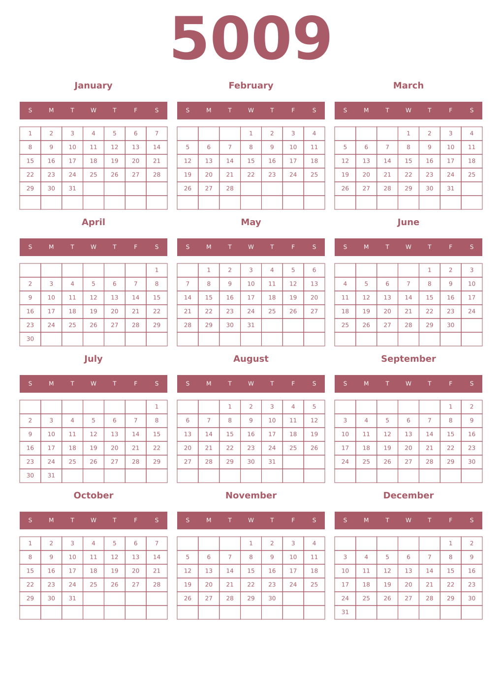 Printable 5009 Year Calendars puce