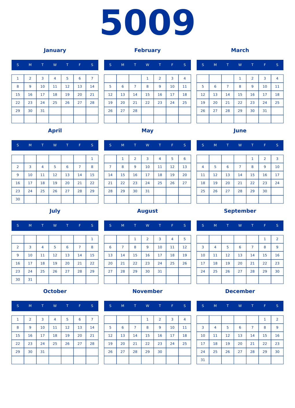 Printable 5009 Year Calendars smalt