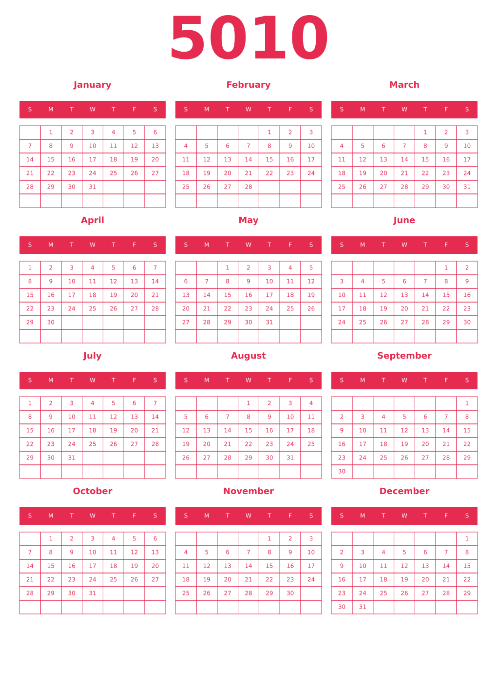 Printable 5010 Year Calendars amaranth
