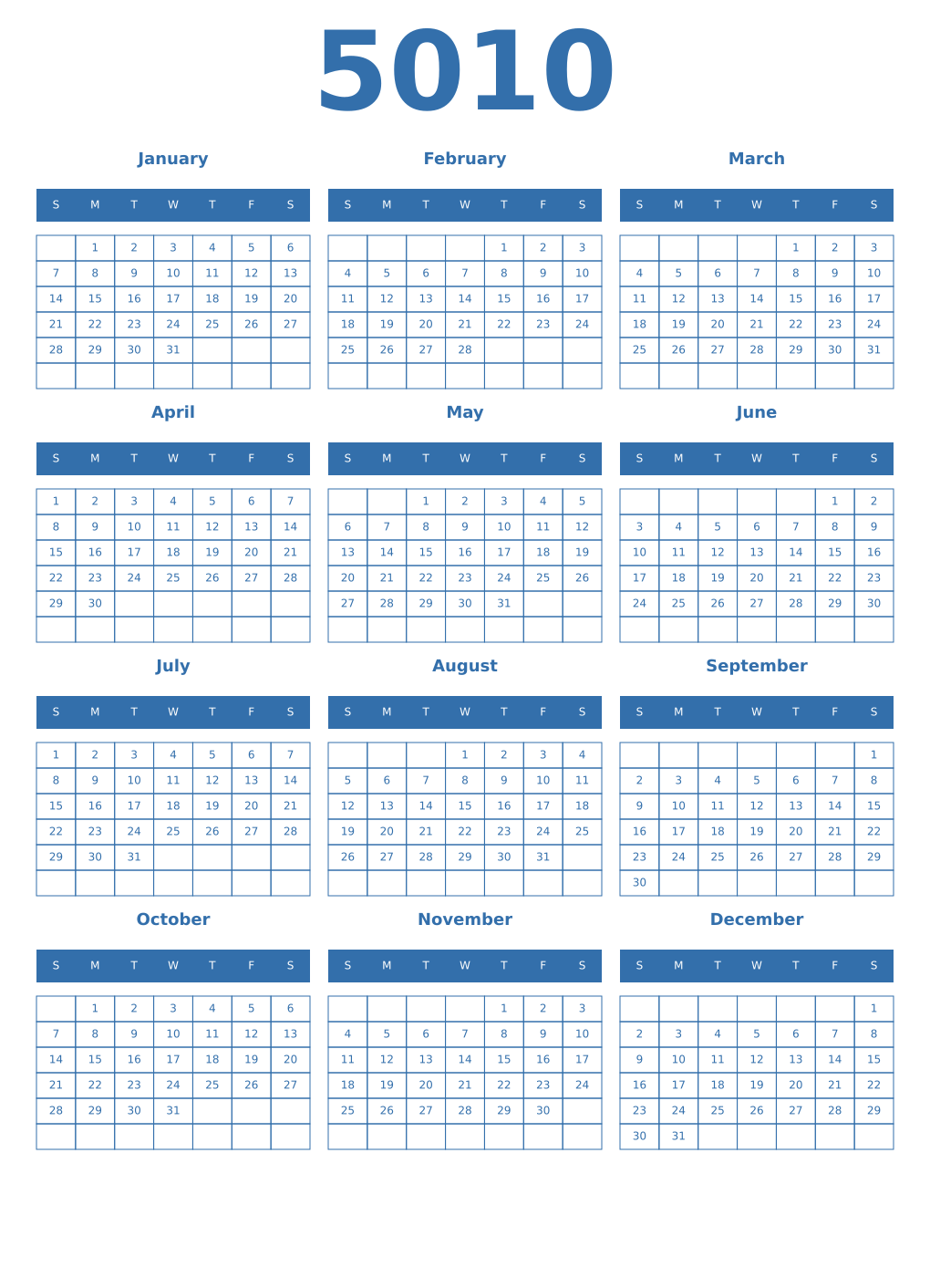Printable 5010 Year Calendars blue
