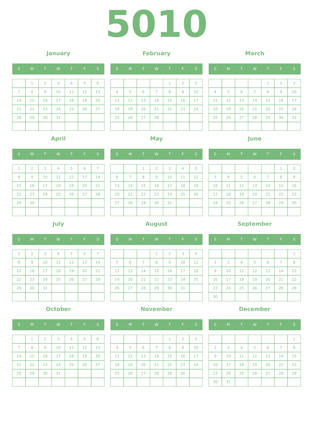 Printable 5010 Year Calendars celadon