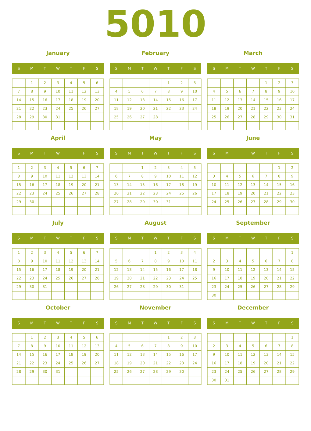 Printable 5010 Year Calendars chartreuse