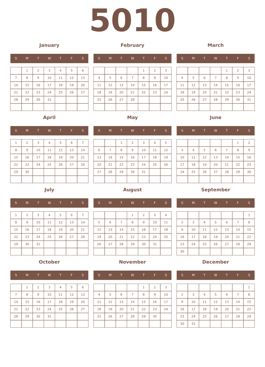Printable 5010 Year Calendars coffe