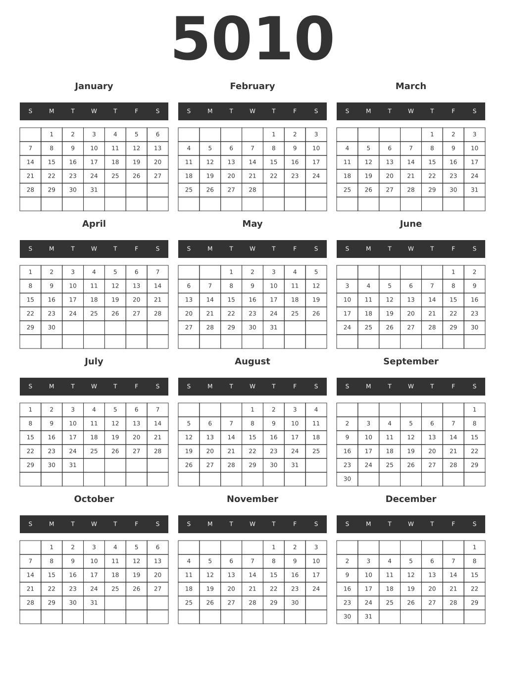 Printable 5010 Year Calendars dark