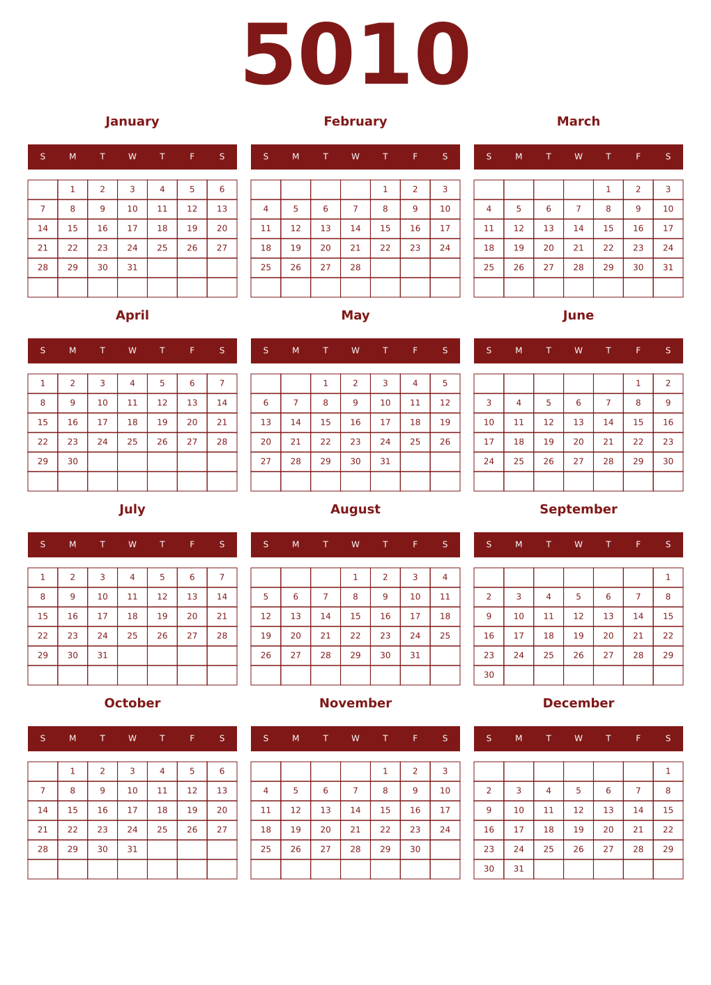 Printable 5010 Year Calendars falu
