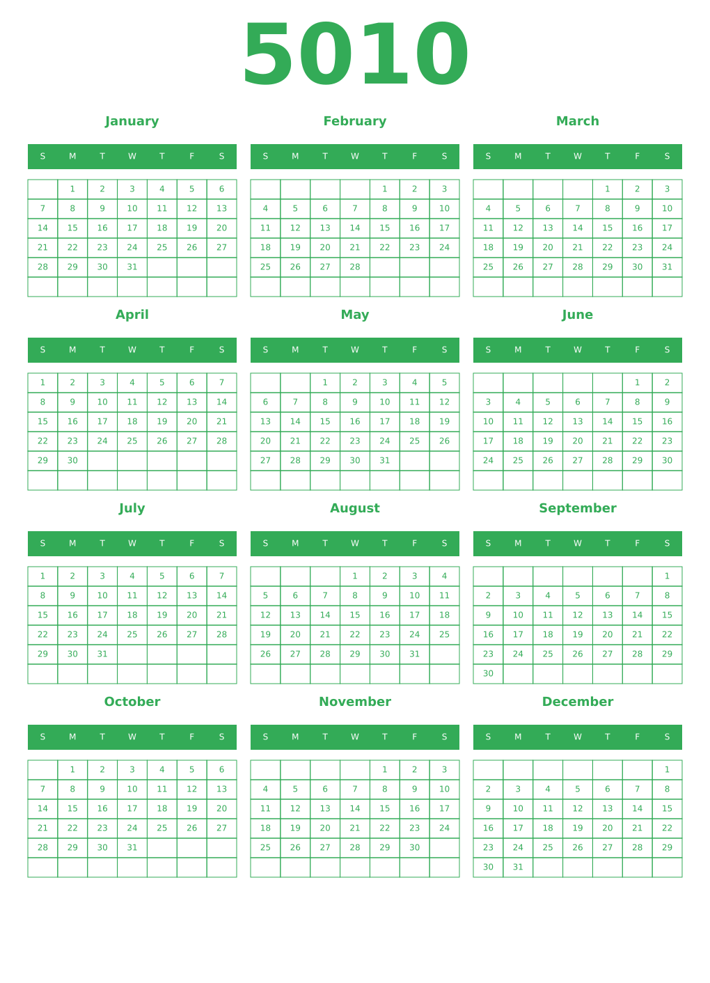 Printable 5010 Year Calendars green
