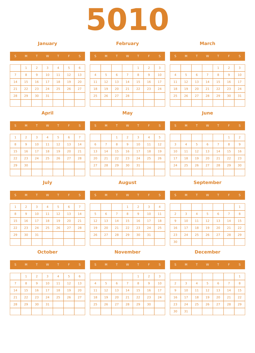 Printable 5010 Year Calendars orange