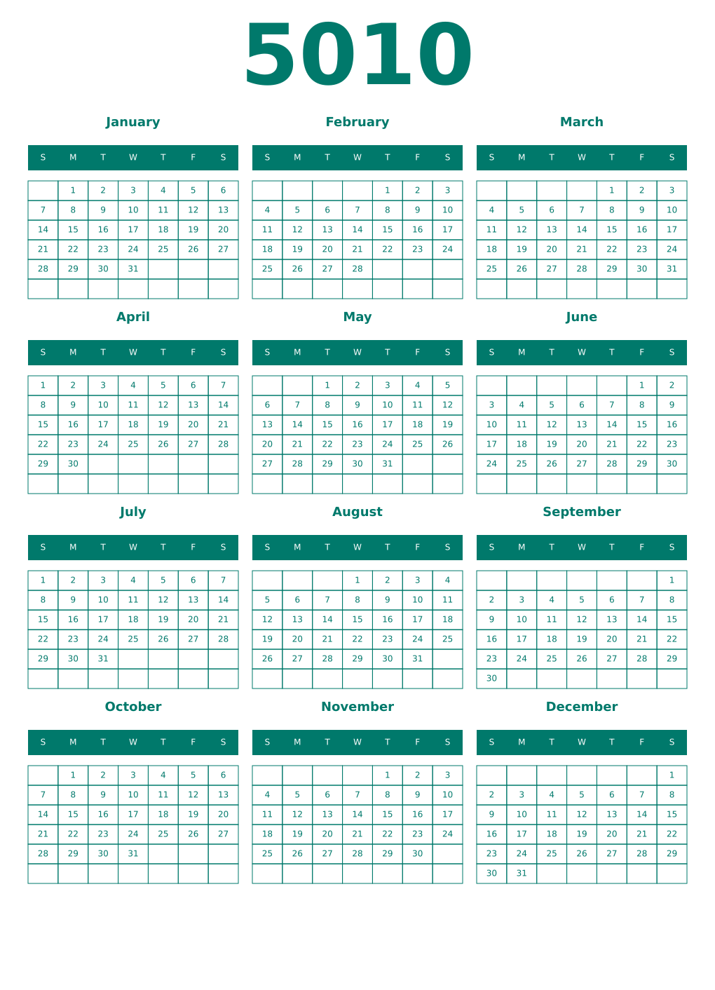 Printable 5010 Year Calendars pastel