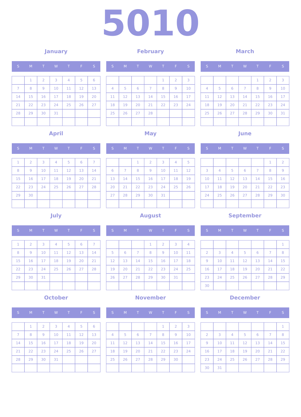Printable 5010 Year Calendars periwinkle