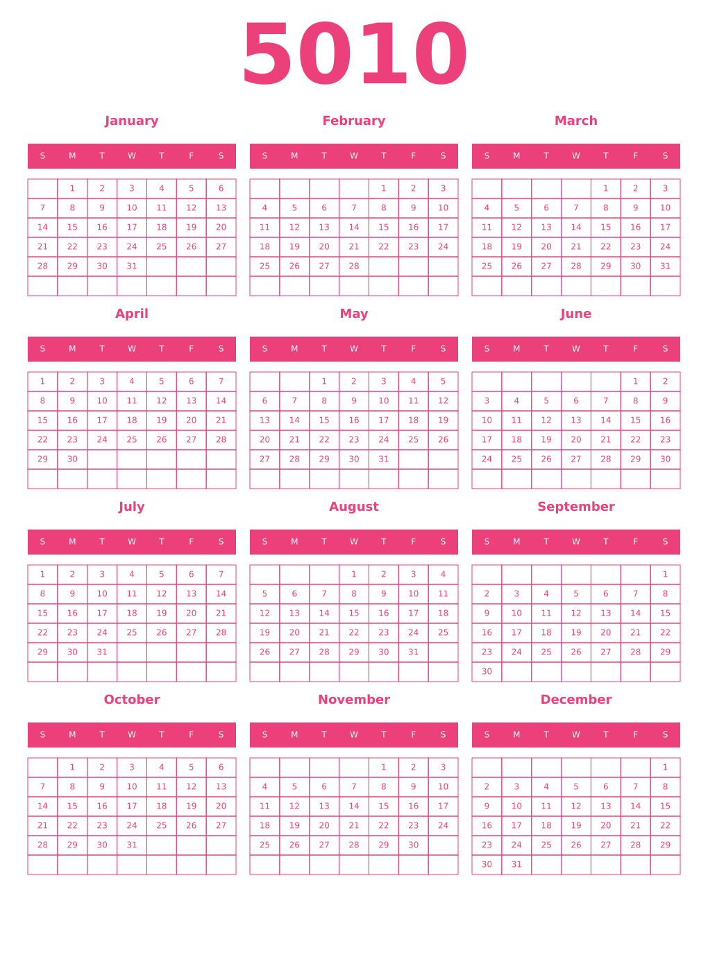 Printable 5010 Year Calendars pink