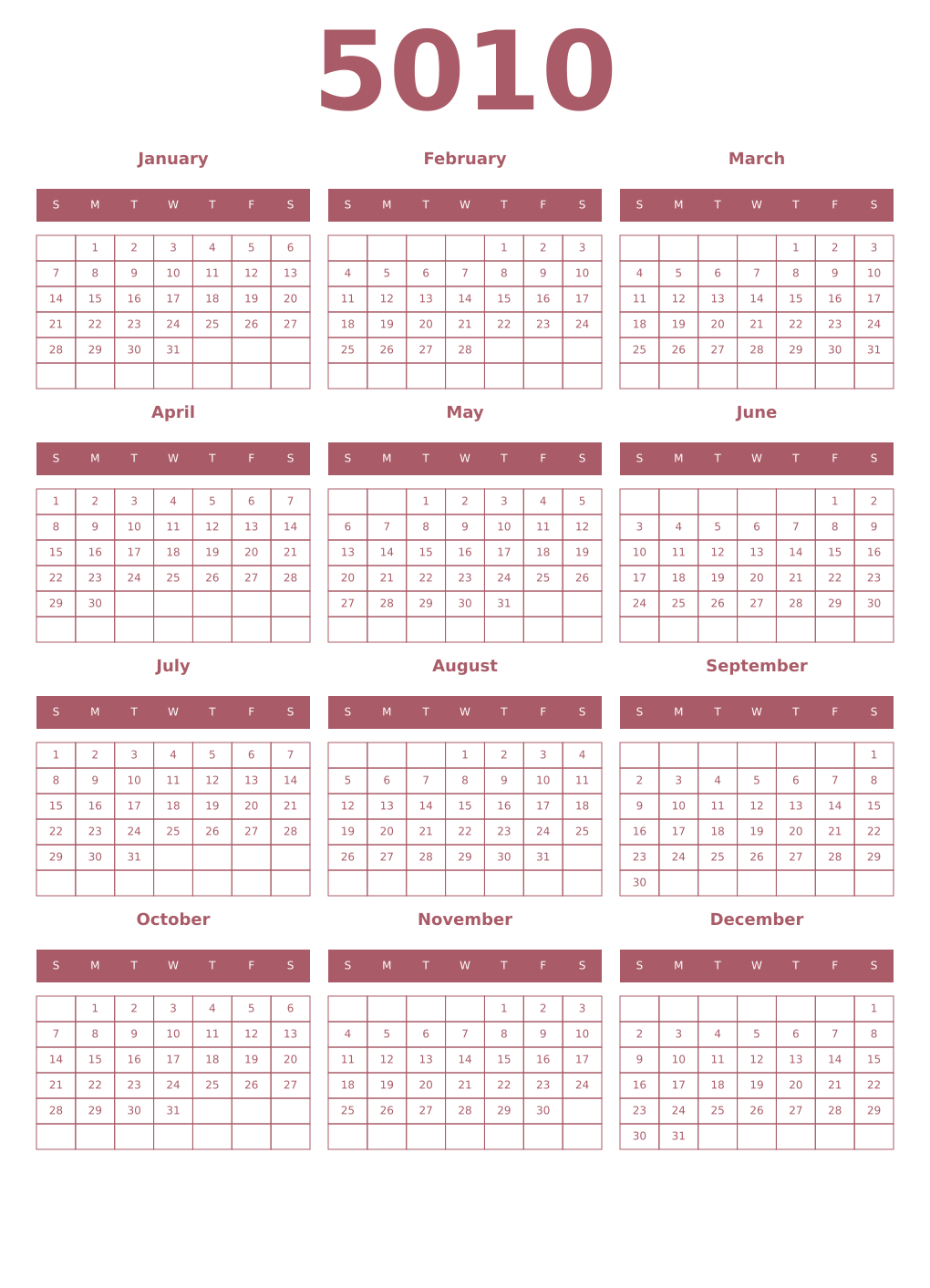 Printable 5010 Year Calendars puce