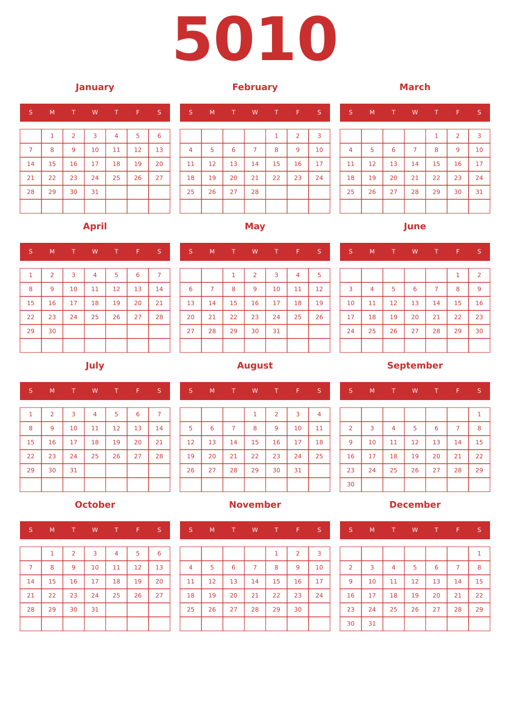 Printable 5010 Year Calendars red