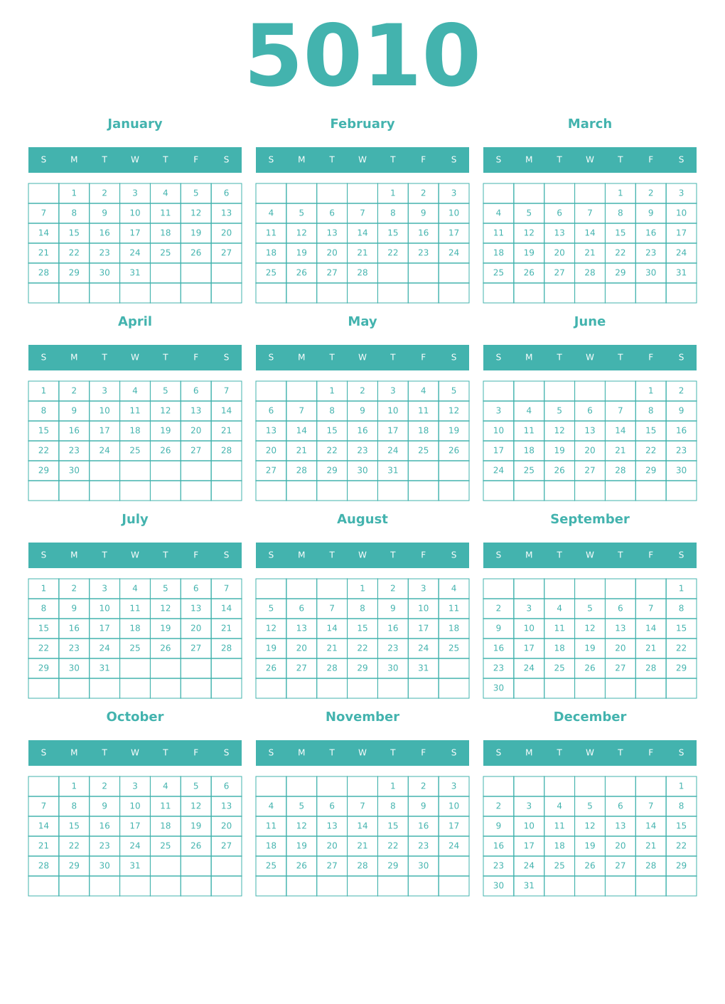 Printable 5010 Year Calendars verdigris