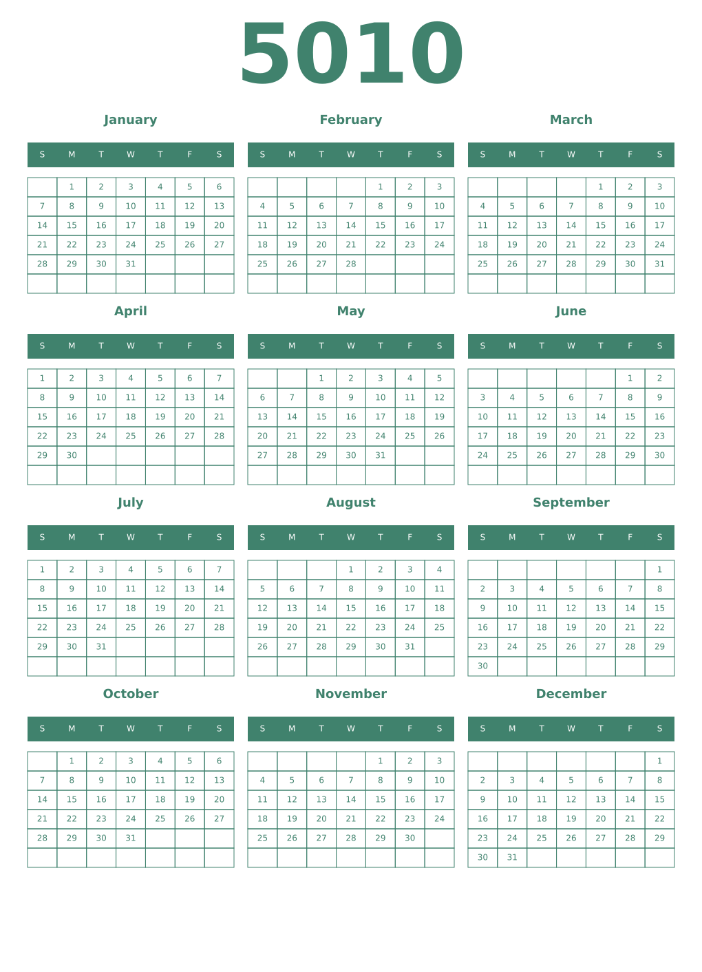 Printable 5010 Year Calendars viridian