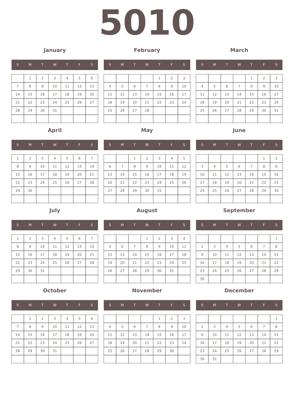 Printable 5010 Year Calendars wenge