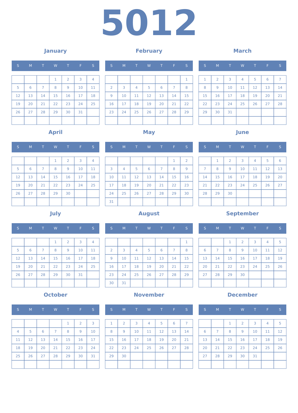 Printable 5012 Year Calendars glaucous