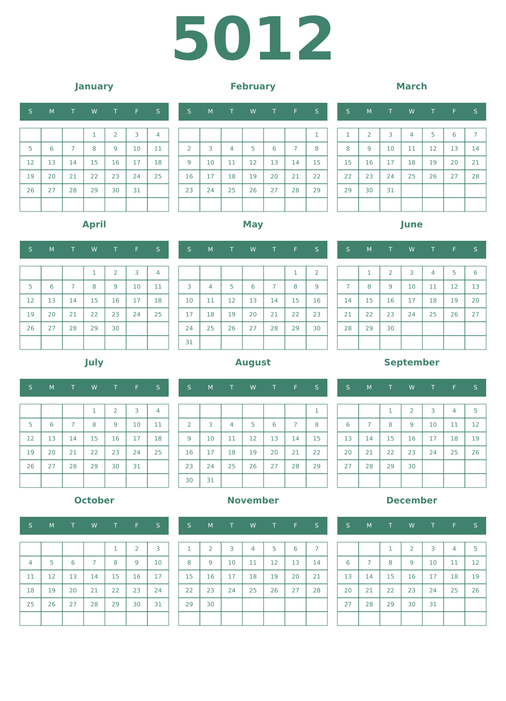 Printable 5012 Year Calendars viridian