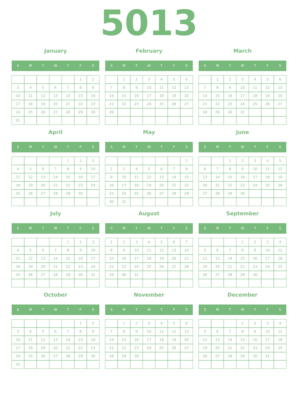 Printable 5013 Year Calendars celadon