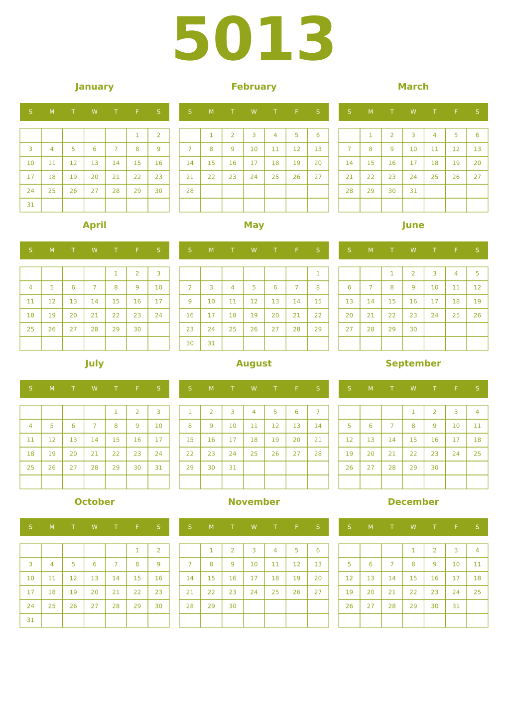 Printable 5013 Year Calendars chartreuse