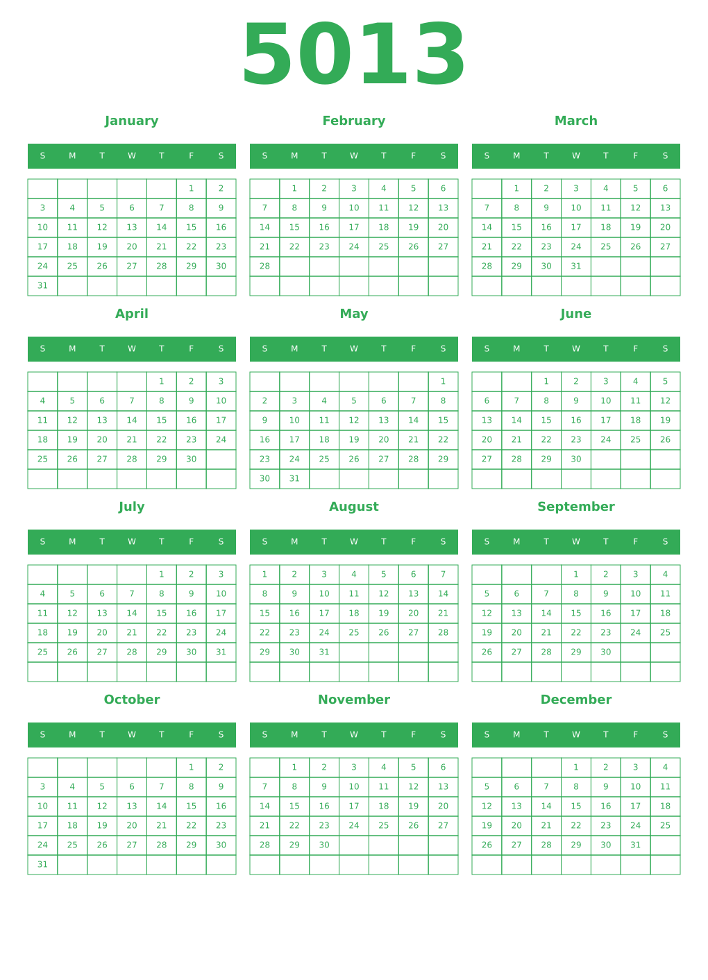Printable 5013 Year Calendars green