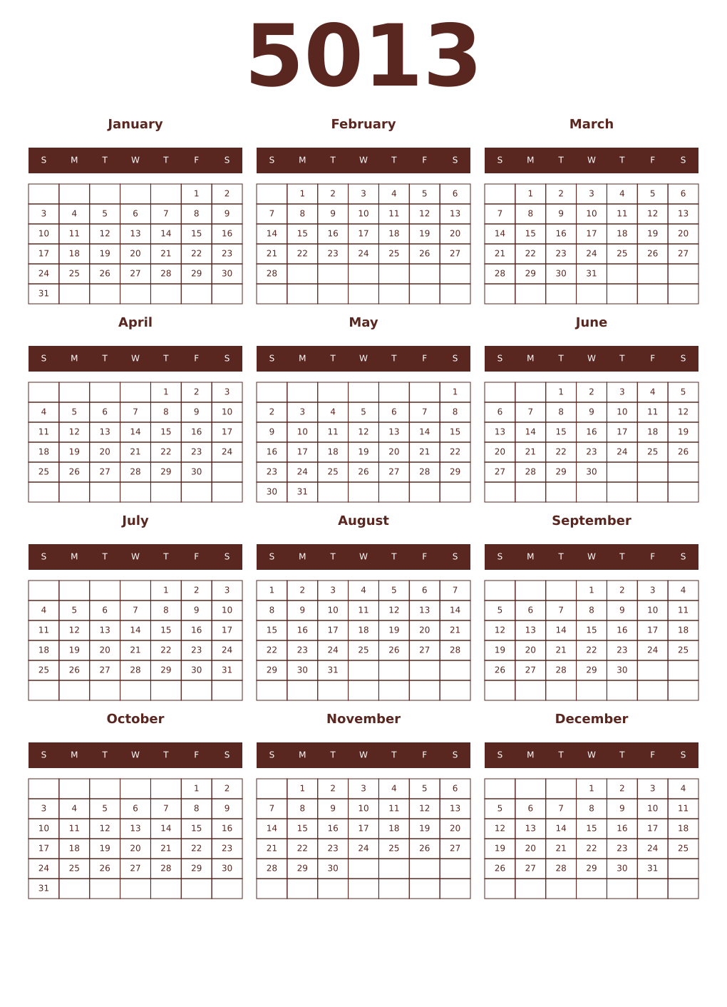Printable 5013 Year Calendars mortuum