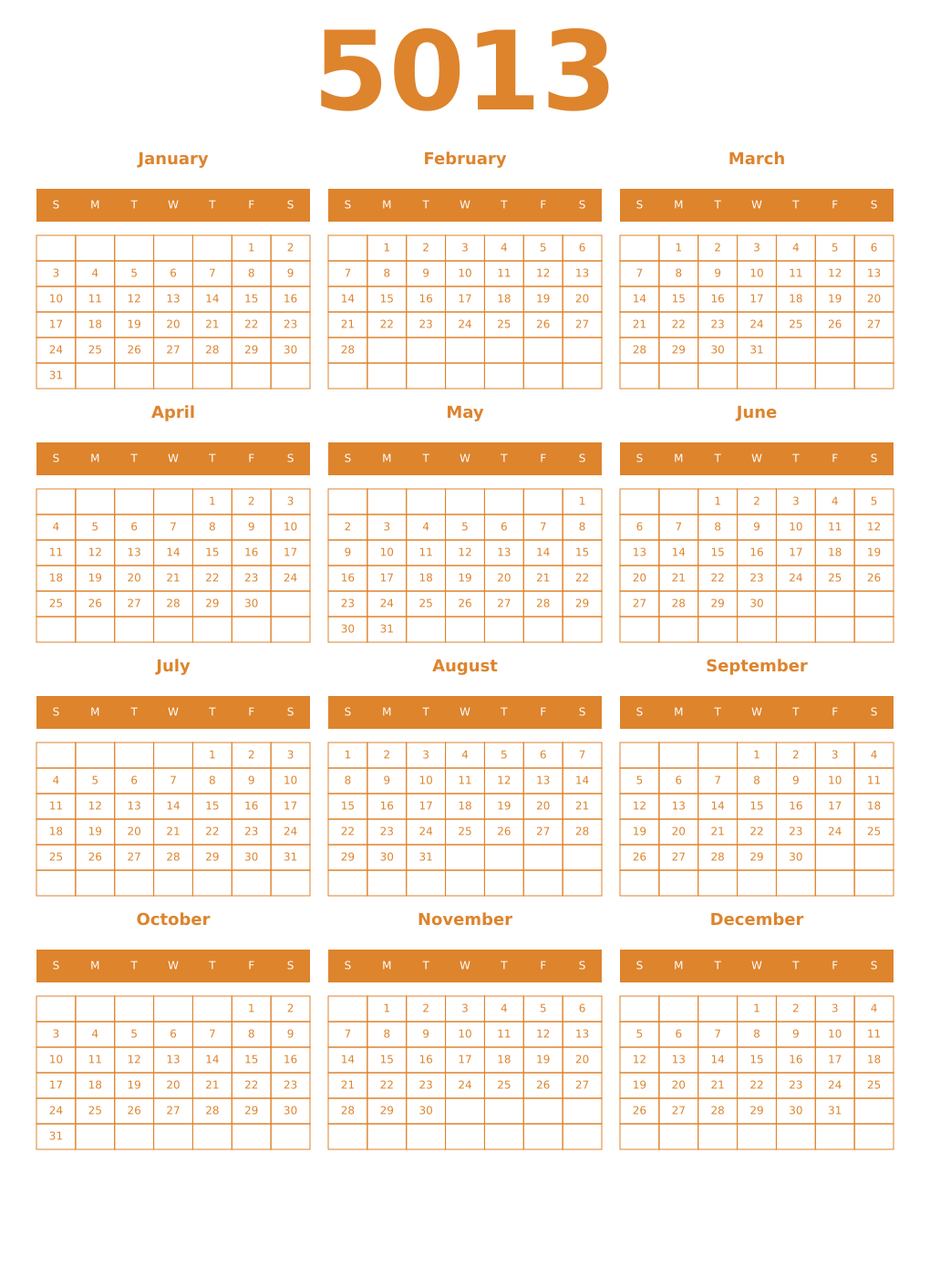 Printable 5013 Year Calendars orange