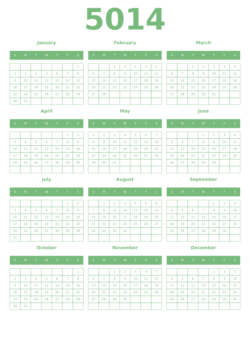 Printable 5014 Year Calendars celadon