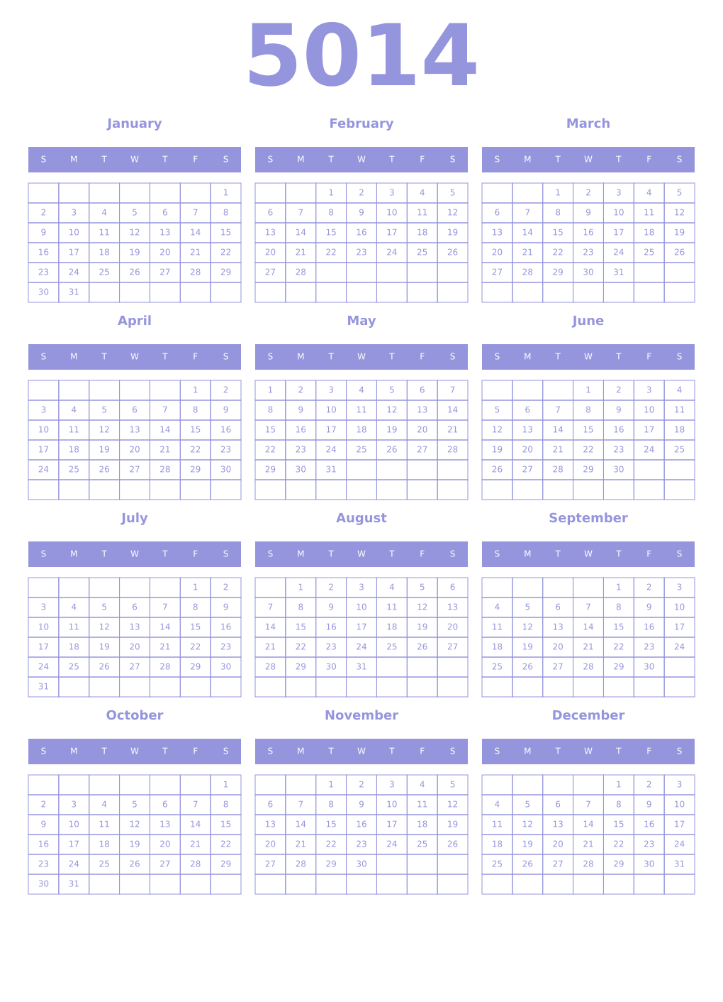 Printable 5014 Year Calendars periwinkle